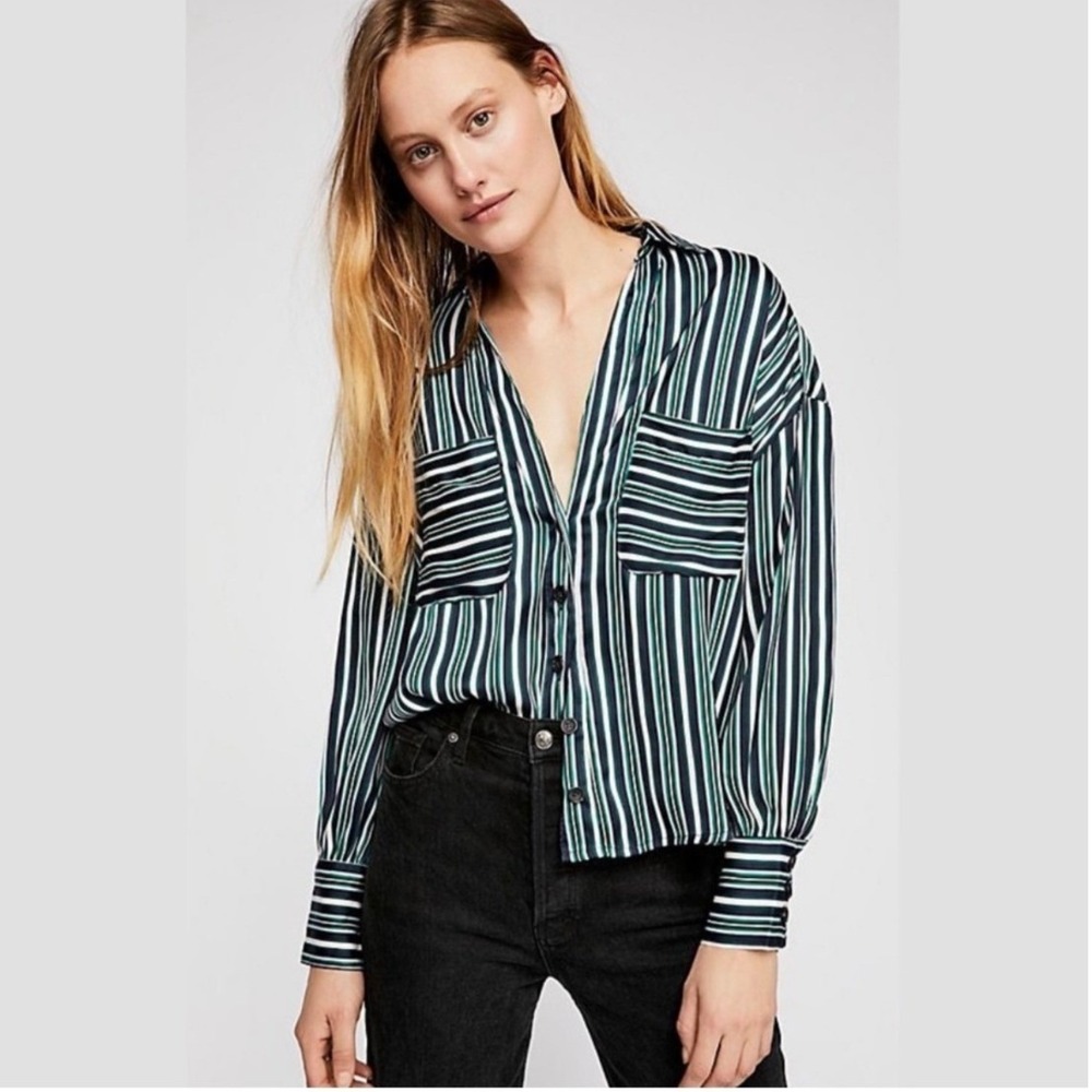 Free People Mad About You Striped Button Down Shirt Blouse Navy Green Size S